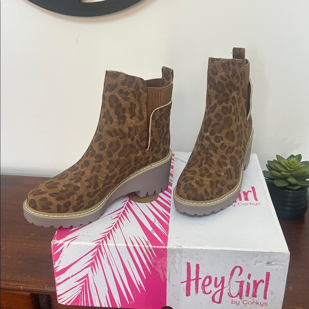 Hey Girl by Corkys Leopard Print Chelsea Wedge Booties - Brown - Picture 2 of 4